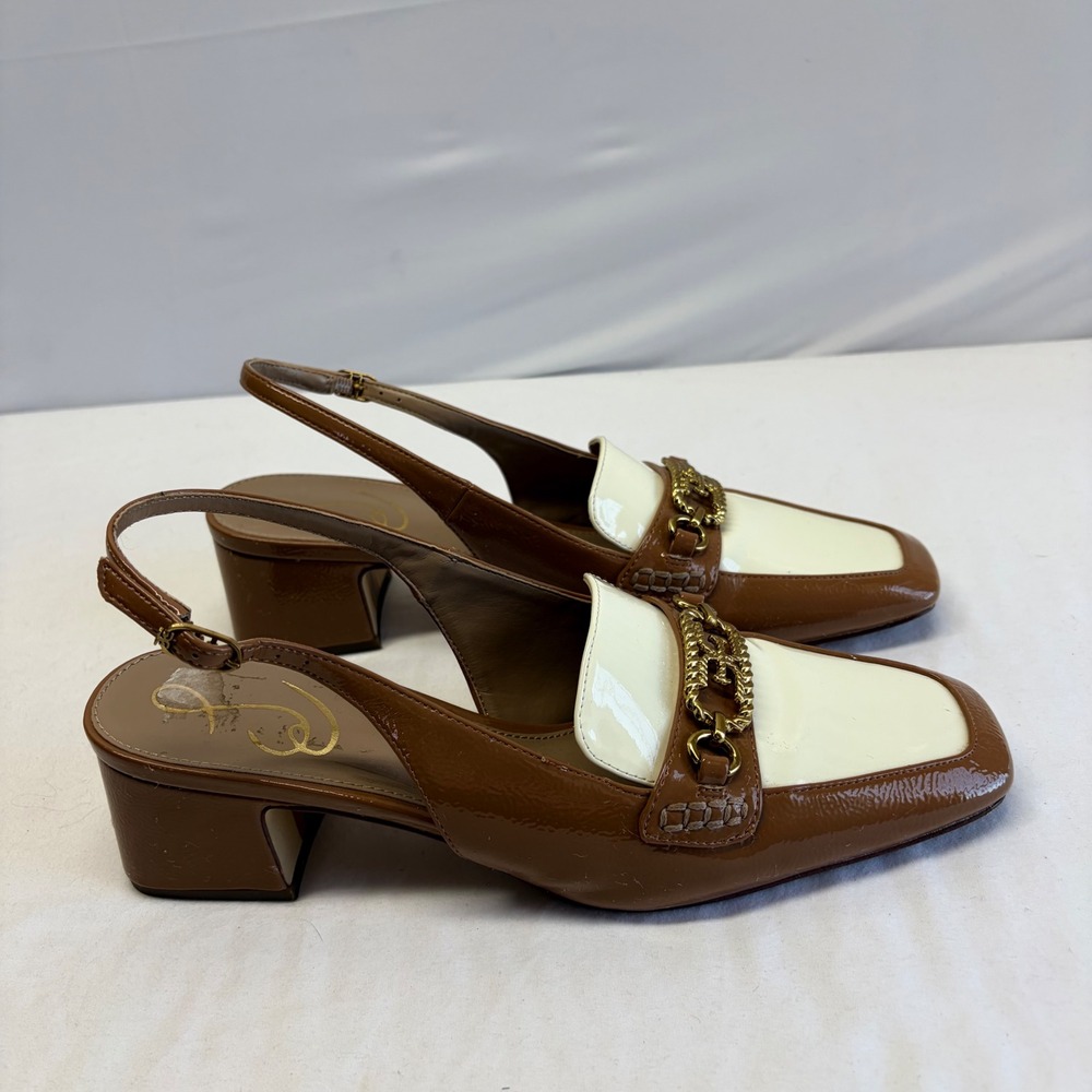 Sam Edelman Teana Slingback Loafer Pumps Women 8M Brown Cream Patent Chain Link
